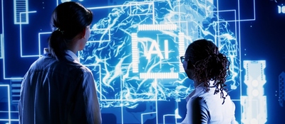 Dos personas observan una pantalla con gráficos de IA, símbolo de la transformación digital en la gestión pública