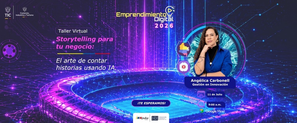Afiche de taller virtual sobre storytelling con IA. Retrato de la conferencista, fecha 11 de julio, 9:00 a. m. y Google Meet. Afiche de taller virtual sobre storytelling con IA. Retrato de la conferencista, fecha 11 de julio, 9:00 a. m. y Google Meet.