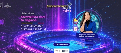 Afiche de taller virtual sobre storytelling con IA. Retrato de la conferencista, fecha 11 de julio, 9:00 a. m. y Google Meet.
