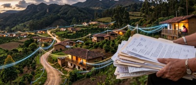 Paisaje rural con casas, caminos y montañas; líneas azules recorren el poblado. En primer plano, manos sostienen documentos.