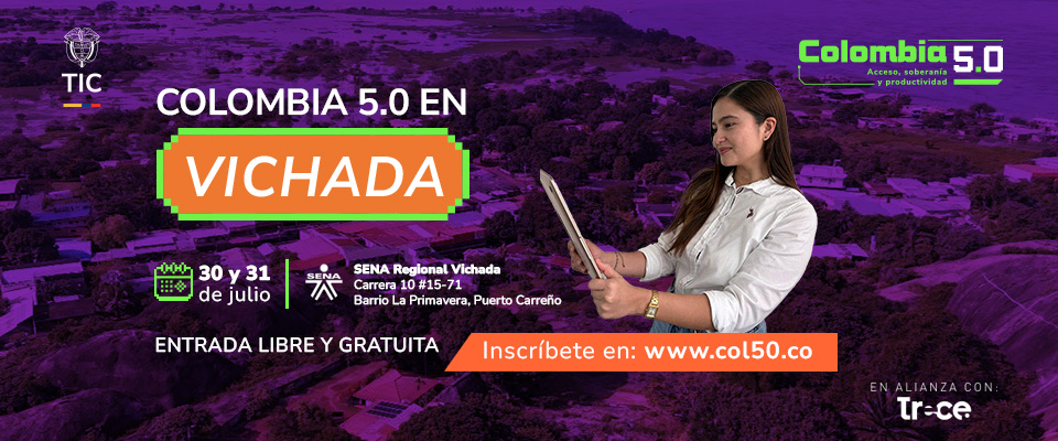 Banner morado con texto del evento; mujer sonriente sostiene una tableta a la derecha; incluye fecha, lugar, logos y sitio web Banner morado con texto del evento; mujer sonriente sostiene una tableta a la derecha; incluye fecha, lugar, logos y sitio web