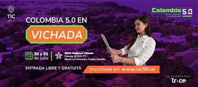 Banner morado con texto del evento; mujer sonriente sostiene una tableta a la derecha; incluye fecha, lugar, logos y sitio web
