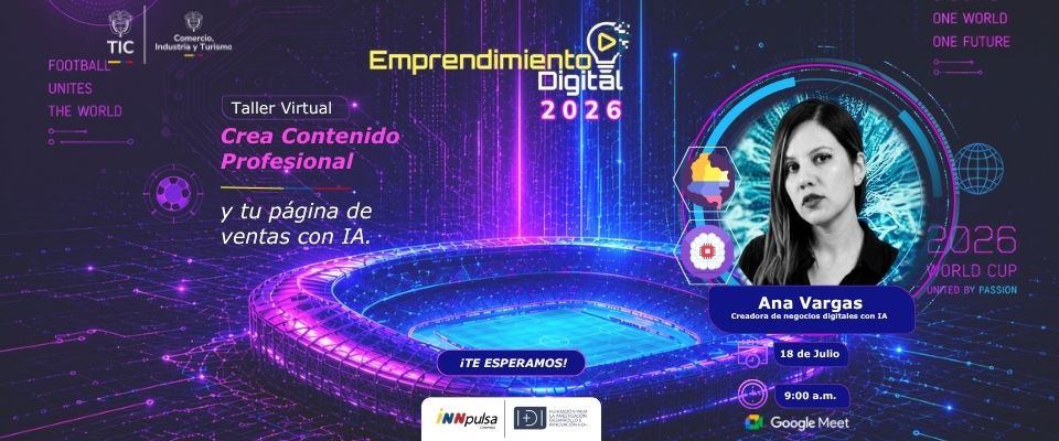 Banner morado con estadio digital, retrato de una mujer a la derecha y texto de taller virtual; logos y fecha distribuidos.