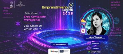 Banner morado con estadio digital, retrato de una mujer a la derecha y texto de taller virtual; logos y fecha distribuidos.