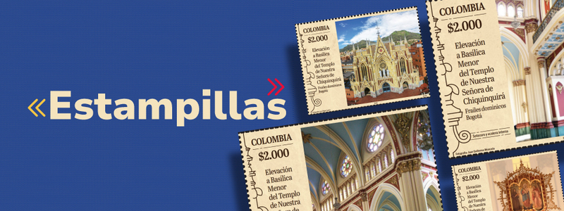 Fondo azul con texto "Estampillas" en beige y cinco estampillas de Colombia con fotos de una basílica a la derecha.