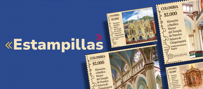 Fondo azul con texto "Estampillas" en beige y cinco estampillas de Colombia con fotos de una basílica a la derecha.