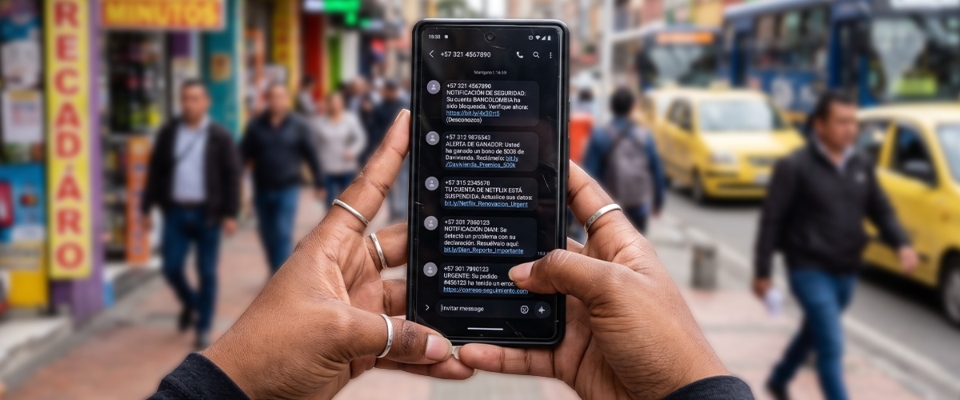 Manos sostienen un celular con mensajes en pantalla; al fondo, peatones, taxis amarillos, un bus y locales desenfocados.
