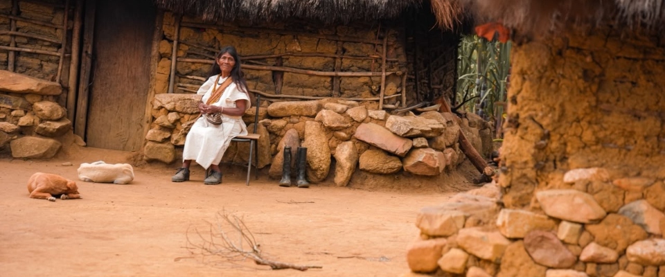 Persona sentada frente a una vivienda de barro y piedra; dos perros acostados, botas negras y ramas sobre suelo de tierra.