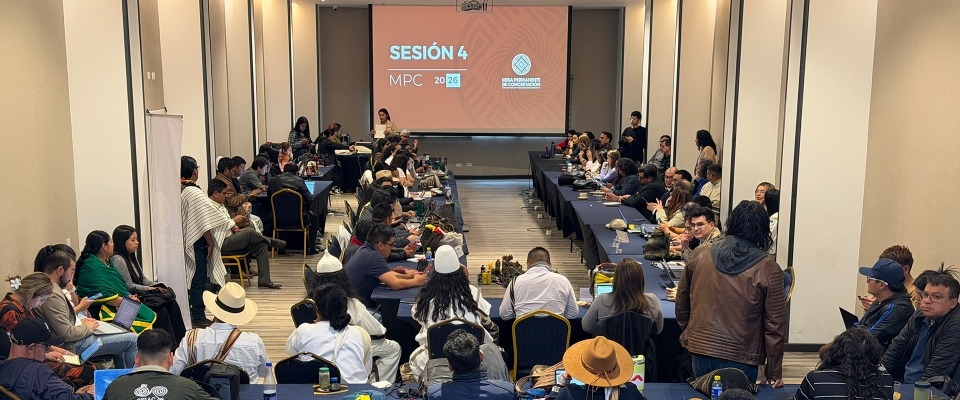 Sala con personas sentadas alrededor de mesas en U; al fondo, pantalla naranja con “Sesión 4 MPC 2026”; una persona expone.