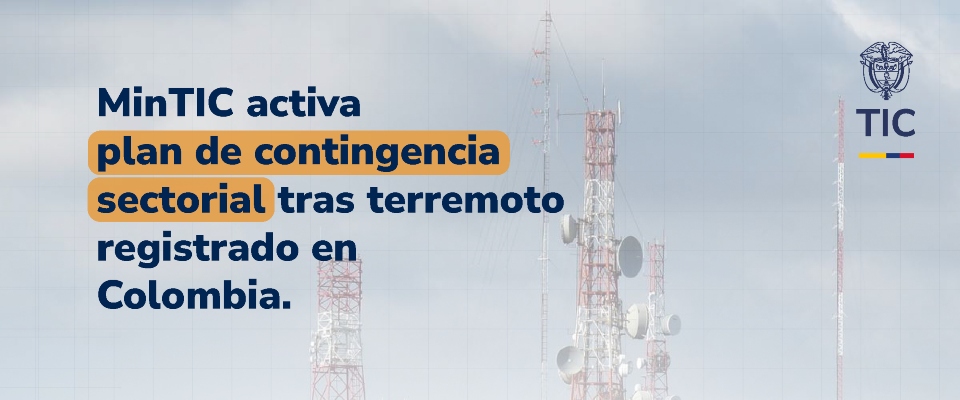 Gráfico con torres de telecomunicaciones al fondo, texto azul y naranja a la izquierda y logotipo TIC arriba a la derecha.