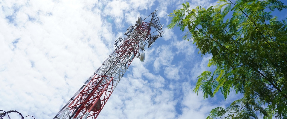 Torre metálica roja y blanca con antenas, bajo un cielo nublado; un árbol verde ocupa el lado derecho