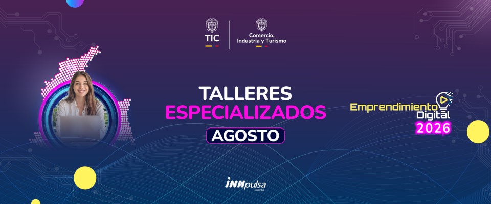 Mujer sonriente con portátil a la izquierda; al centro, texto “Talleres Especializados Agosto”; logos y gráficos digitales