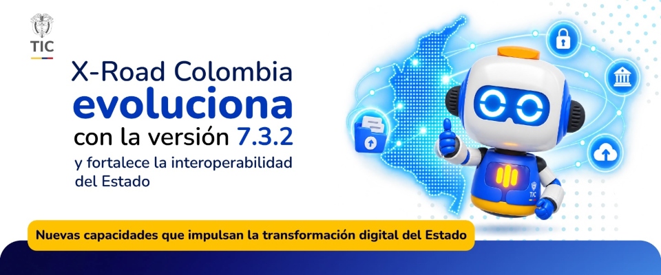 Un robot azul y blanco levanta el pulgar frente a un mapa de Colombia, con íconos digitales alrededor.