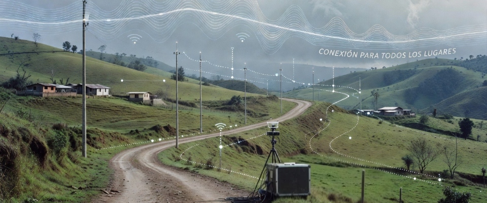 Colinas verdes con casas y un camino de tierra; postes y equipo de telecomunicaciones en primer plano, con ondas e íconos de conexión.