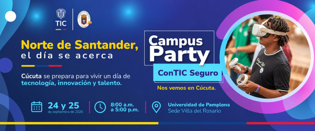 Afiche azul anuncia Campus Party en Cúcuta; a la derecha, una persona usa visor de realidad virtual y sostiene dos controles.