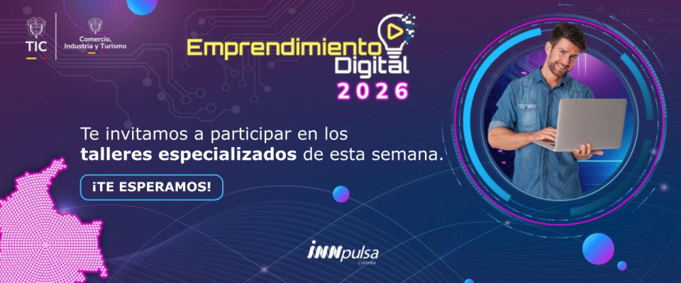 Afiche azul y morado de “Emprendimiento Digital 2026”; a la derecha, un hombre sostiene un portátil.