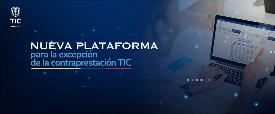Logo de MinTIC y texto sobre una nueva plataforma; a la derecha, una persona usa un portátil sobre un escritorio.