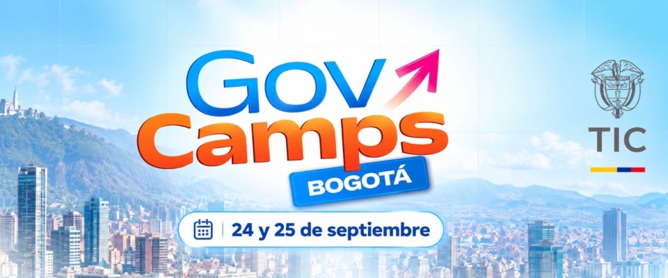 Logo de GovCamps Bogotá al centro, fecha 24 y 25 de septiembre y logo TIC sobre un paisaje urbano de Bogotá.