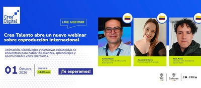Pieza gráfica azul y blanca: tres retratos en la parte superior derecha, logos y texto de webinar sobre coproducción internacional.
