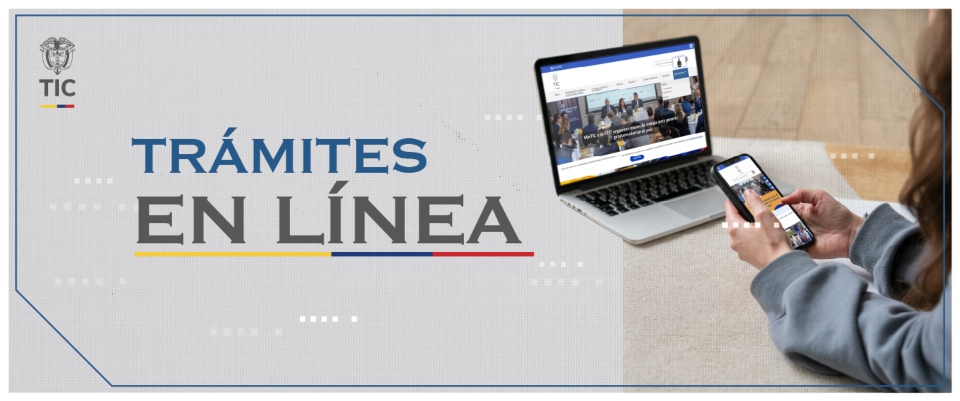 Banner con texto «TRÁMITES EN LÍNEA»; a la derecha, una persona usa un celular junto a un portátil que muestra un sitio web.