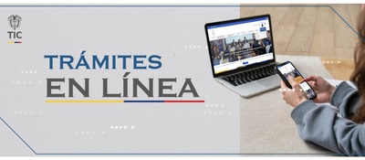 Banner con texto «TRÁMITES EN LÍNEA»; a la derecha, una persona usa un celular junto a un portátil que muestra un sitio web.