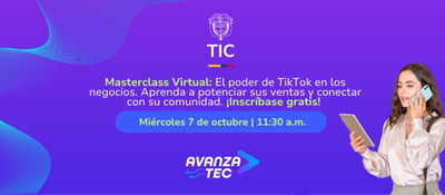 Banner morado con texto sobre una masterclass de TikTok; a la derecha, una mujer sostiene una tableta y un celular.