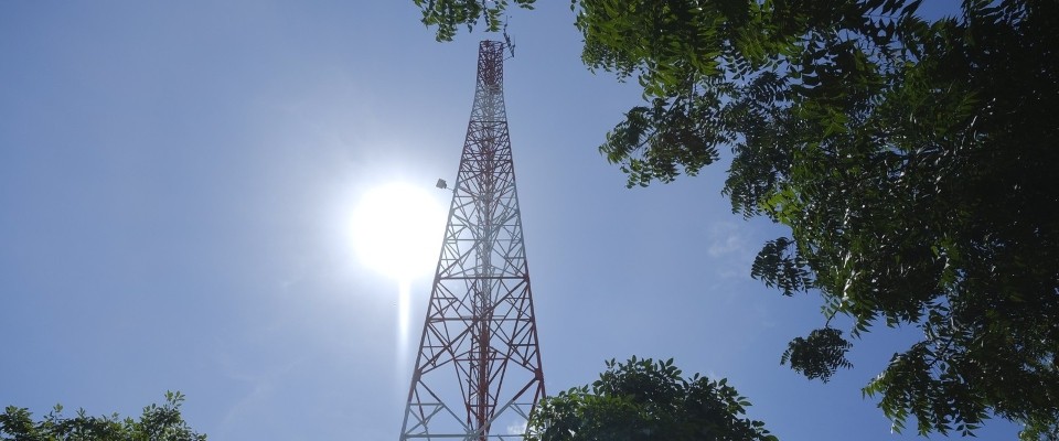 Torre metálica de telecomunicaciones se eleva hacia el cielo azul, con el sol detrás y ramas verdes alrededor. Torre metálica de telecomunicaciones se eleva hacia el cielo azul, con el sol detrás y ramas verdes alrededor.