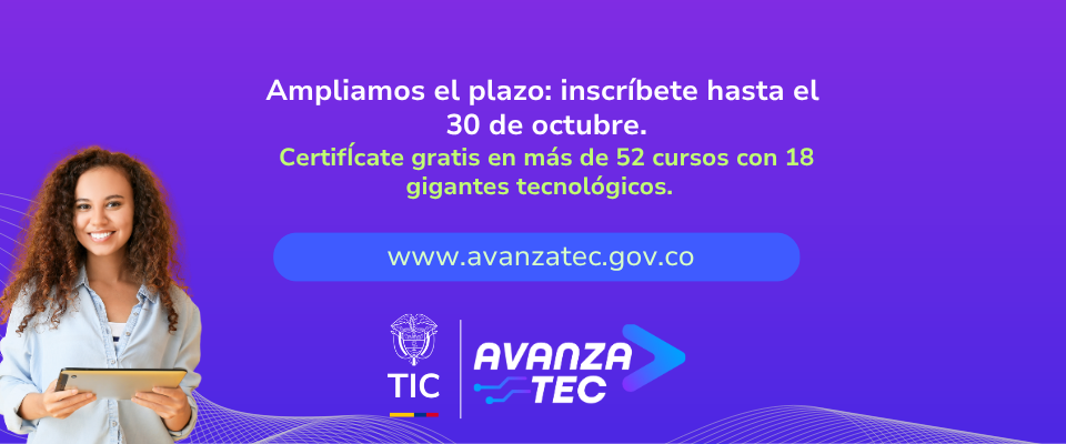 Mujer sonriente con tableta a la izquierda; fondo morado con texto blanco y verde, enlace azul y logotipos TIC y AvanzaTEC.
