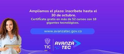 Mujer sonriente con tableta a la izquierda; fondo morado con texto blanco y verde, enlace azul y logotipos TIC y AvanzaTEC.