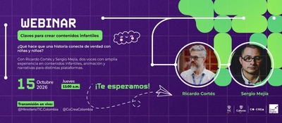 Afiche morado y verde de un webinar, con retratos de dos hombres, fecha, hora, texto informativo y logotipos institucionales.