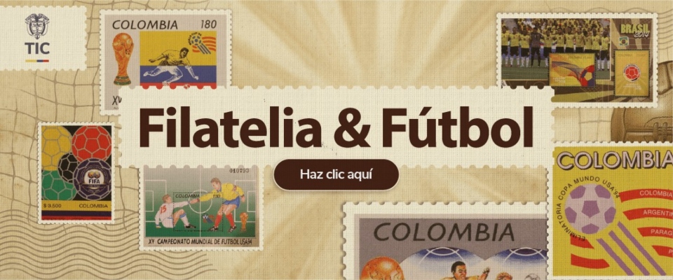 Fondo beige con estampillas de fútbol, balones, jugadores y trofeos. Texto central: «Filatelia & Fútbol».
