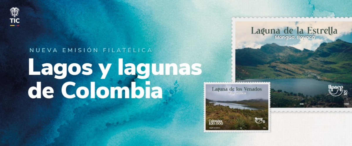 Banner azul turquesa con el título «Lagos y lagunas de Colombia» y dos estampillas ilustradas con paisajes de lagunas.