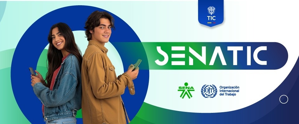Dos jóvenes con celulares frente a fondo verde y azul con texto “SENATIC”. Destaca logro de Colombia con más de 199.000 certificaciones digitales.